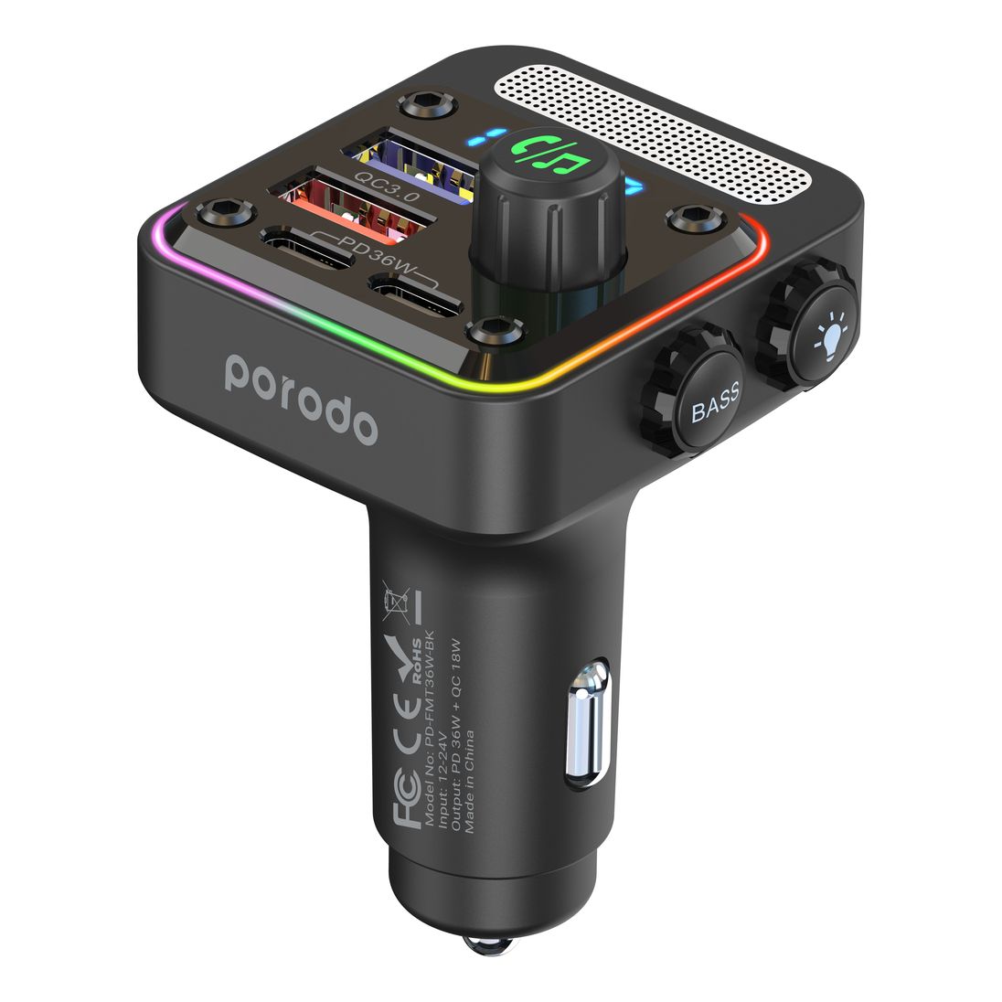Porodo Quick-Charge FM Car Charger Dual USB-C & USB-A