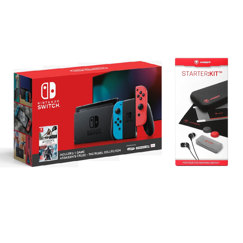 Nintendo Switch Console with Neon Joy-Con + Assassin's Creed The Rebel Collection + snakebyte STARTER KIT
