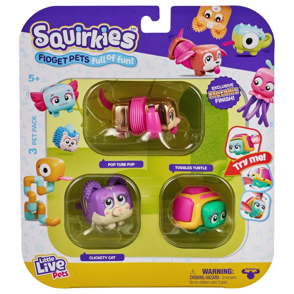 Little Live Pets Squirkies Fidget Pets Pop Tube Pup Toggles Turtle Clickety Cat (Pack Of 3) 26432