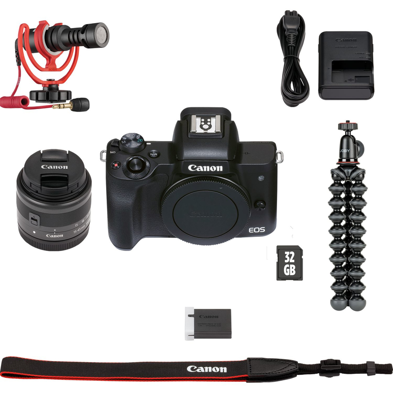 Canon EOS M50 Mark II Mirrorless Digital Camera with 15-45mm Lens Black Premium Blogger Kit (Includes Camera, Lens, Tripod, VideoMic & SDHC Card)
