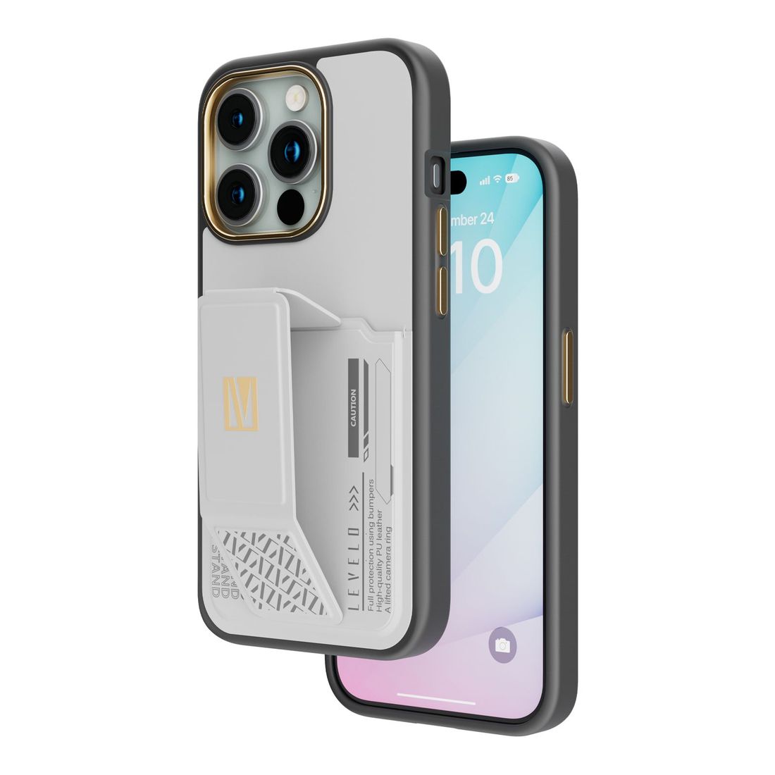 Levelo Morphix Grip-Stand Case with Built-In Card Slot for iPhone 15 Pro - Grey