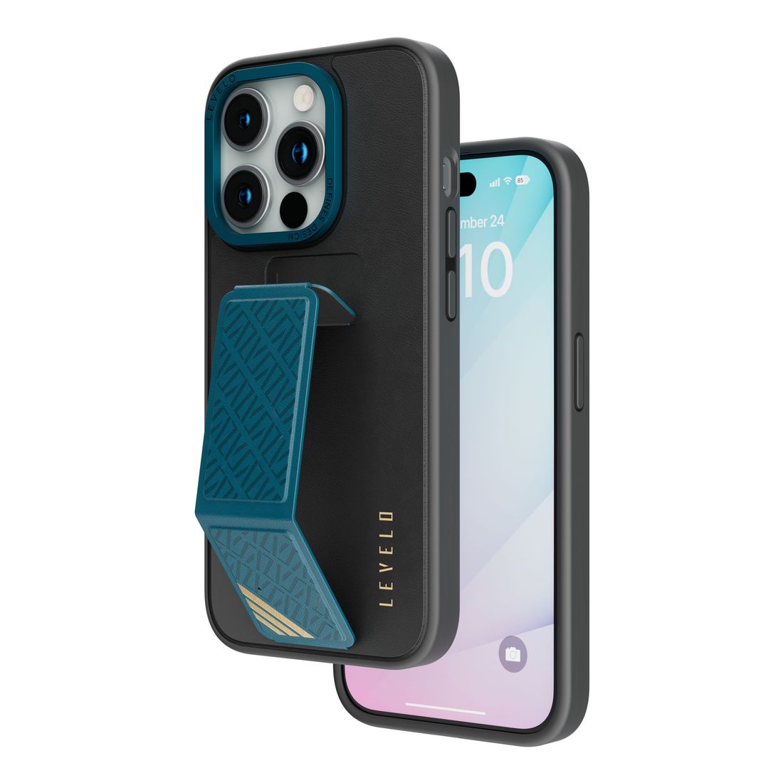 Levelo Morphix Leather Case with Kickstand Grip for iPhone 15 Pro Max - Black/Blue