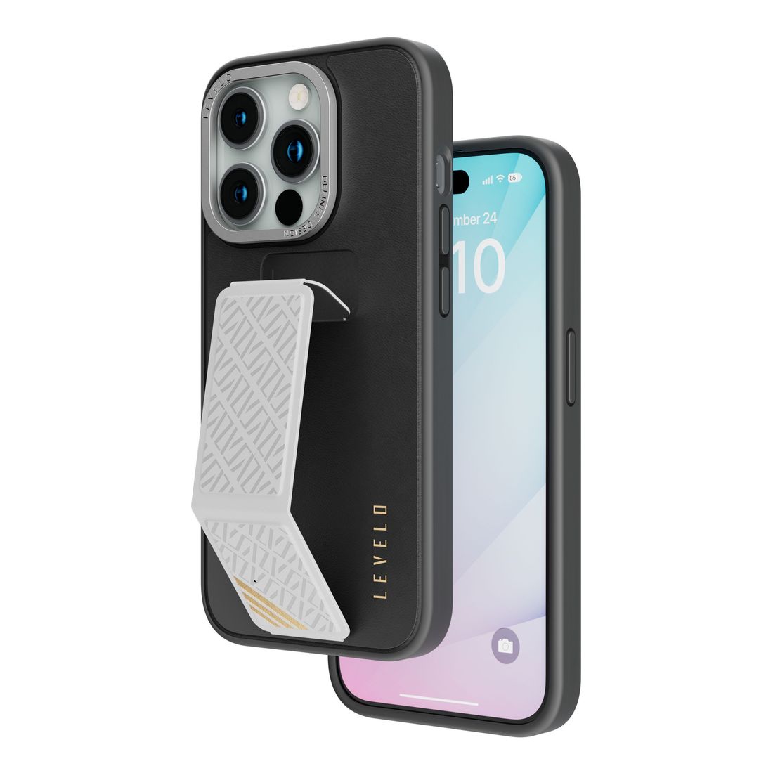 Levelo Morphix Leather Case with Kickstand Grip for iPhone 15 Pro - Black/Grey
