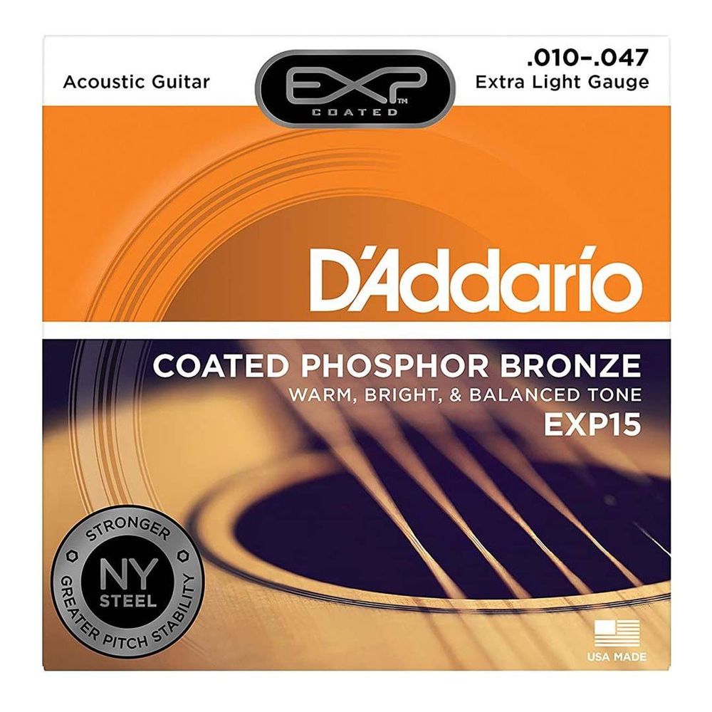 D'Addario EXP15 Acoustic Guitar Strings - Coated Phosphor Bronze (.010-.047 Extra Light Gauge)