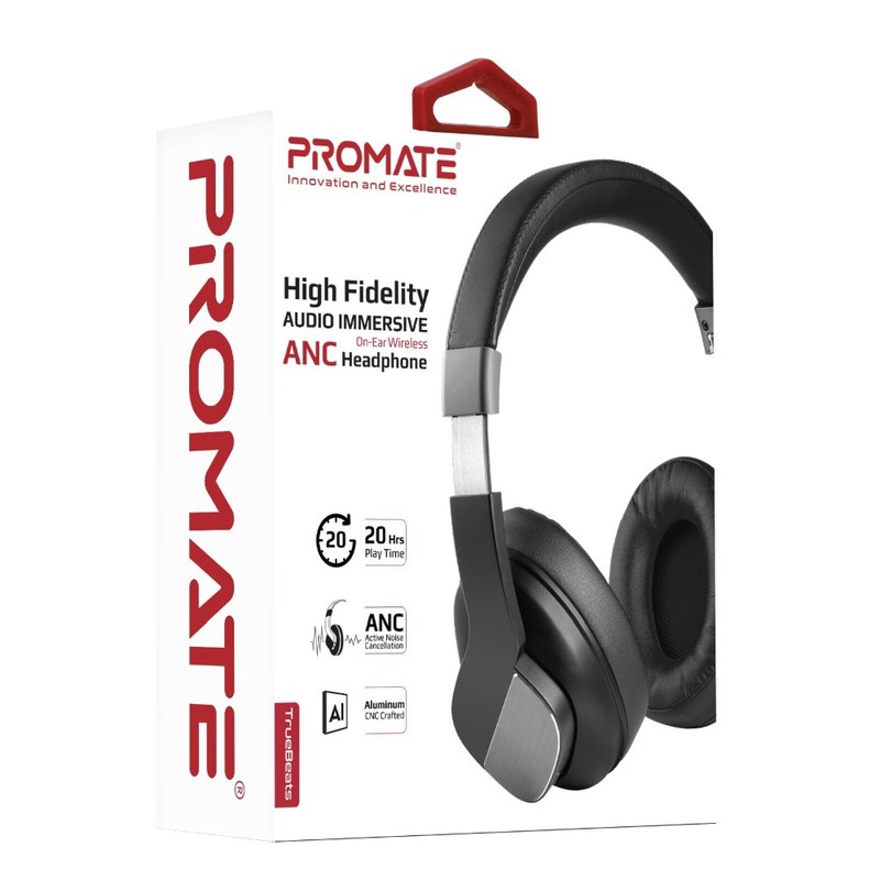Promate Truebeats Foldable Bluetooth V4.1 Over-Ear Headphones Black