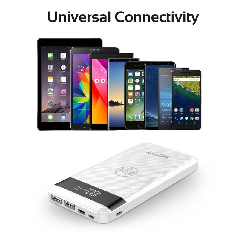 Promate AuraPack-10 White 10000mAh Qi Wireless Charging Power Bank with Lightning and Micro-USB Input