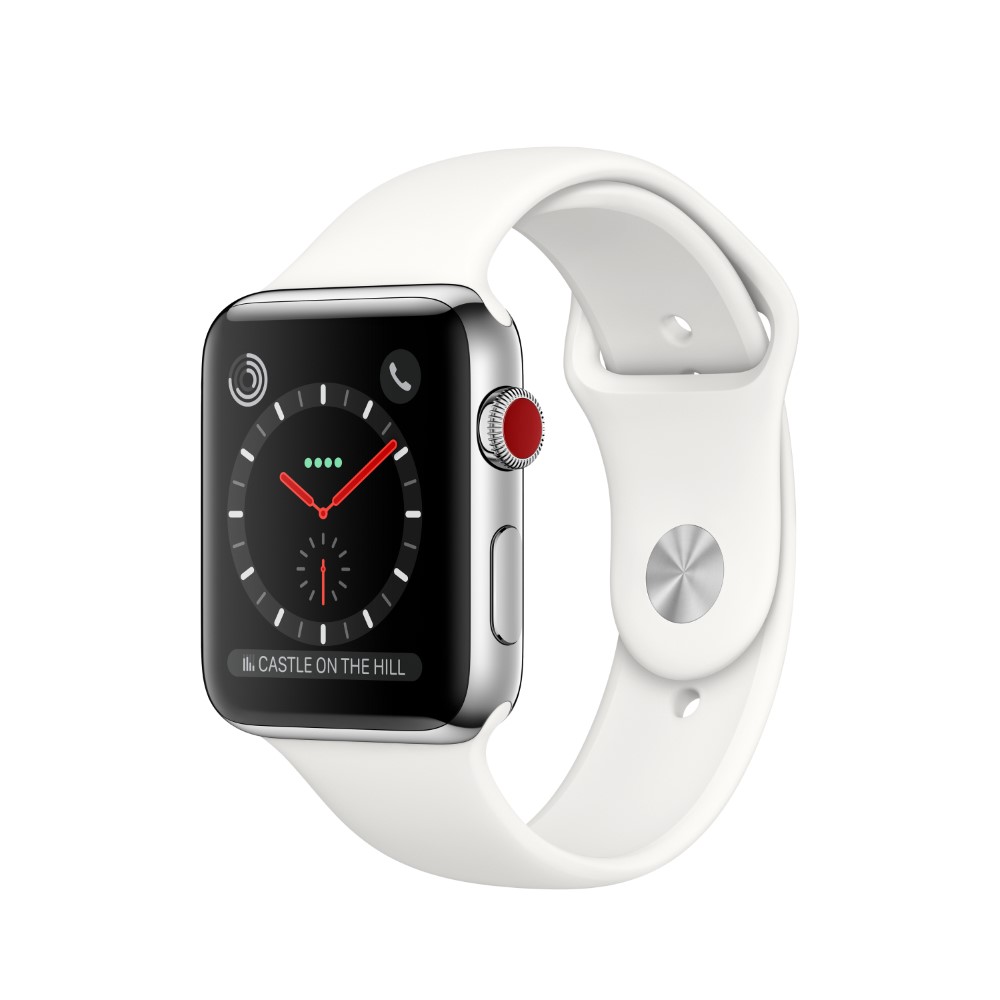 Apple Watch Series 3 GPS + Cellular 42mm Stainless Steel Case with Soft White Sport Band