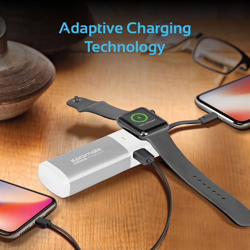 Promate Aurawatch Silver MFi Certified 6700mAh Power Bank with iWatch Wireless Charger