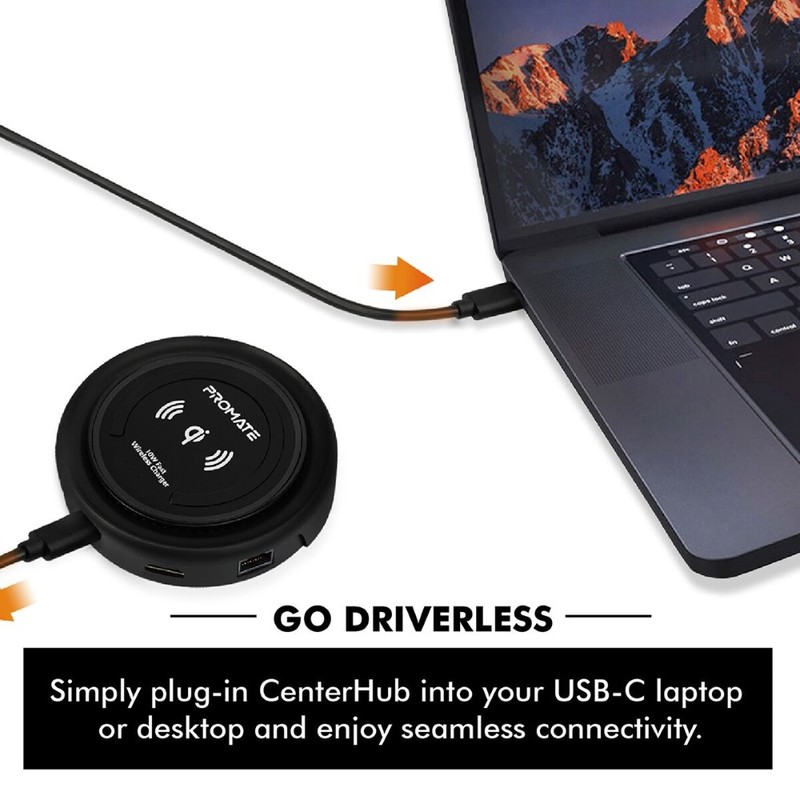 Promate Centerhub Black All-in-One USB-C Hub with Wireless charger