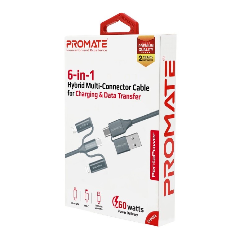 Promate Pentapower 6-In-1 Multi Connector USB Cable 1.2M Grey