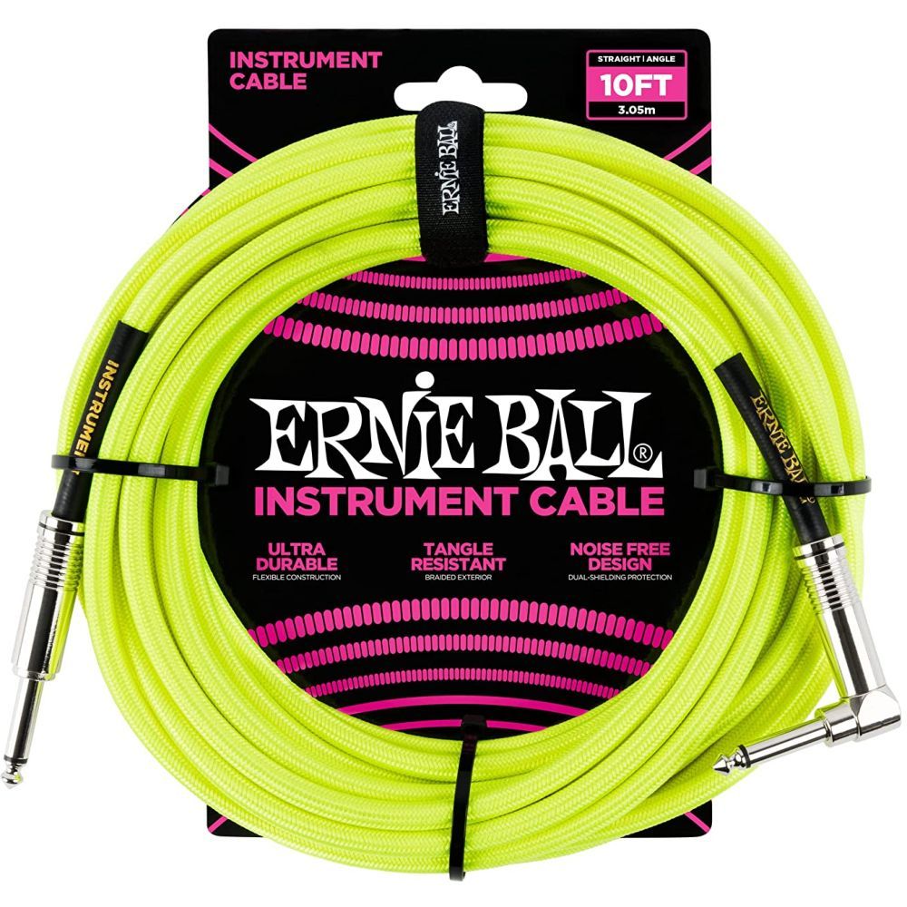 Ernie Ball 10-Inch Braided Straight/Angle Instrument Cable Neon - Yellow