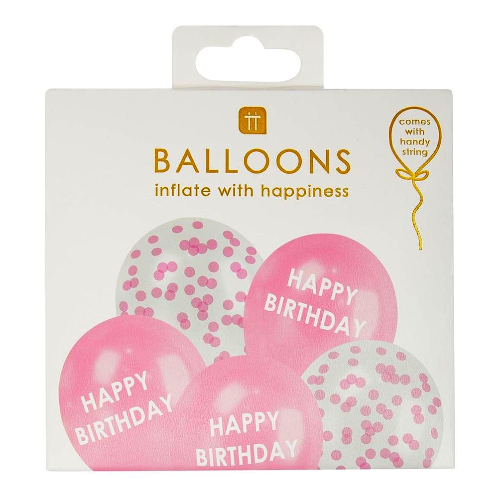 Talking Tables Latex Balloons 2 Confetti Filled 3 Printed With Happy Birthday 30cm (Pack of 5) - Pink