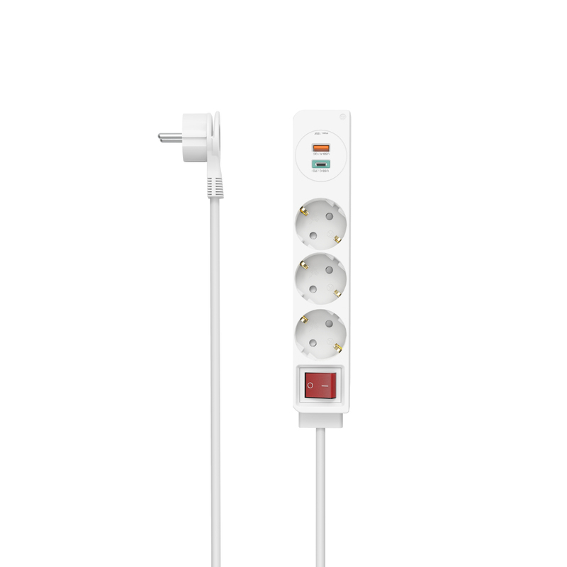 Hama Power Strip 3-Way USB-C/A 18 W PD/QC Switch Flat Plug 1.4m - White