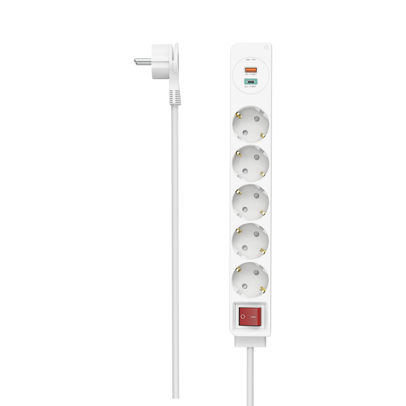 Hama Power Strip 5-Way USB-C/A 18 W PD/QC Switch Flat Plug 1.4m - White