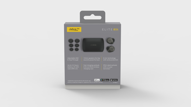 Jabra Elite 85t True Wireless Earbuds - Advanced Active Noise Cancellation with Long Battery Life and Powerful Speakers & Wireless Charging Case - Titanium Black
