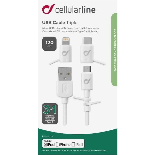 CellularLine 3-in-1 Cable Lightning / Micro USB / Type-C White